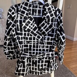 Spiegel Jacket Womens Sz 10 White Black Gray Print Double Breasted Trench Style